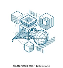 Abstract design with 3d linear mesh shapes and figures, vector isometric background. Cubes, hexagons, squares, rectangles and different abstract elements.