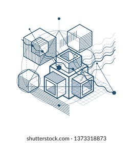 Abstract design with 3d linear mesh shapes and figures, vector isometric background. Cubes, hexagons, squares, rectangles and different abstract elements.