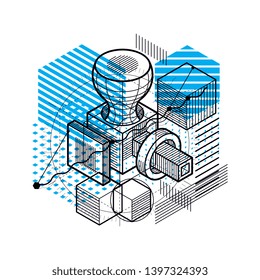 Abstract design with 3d linear mesh shapes and figures, vector isometric background. Cubes, hexagons, squares, rectangles and different abstract elements.