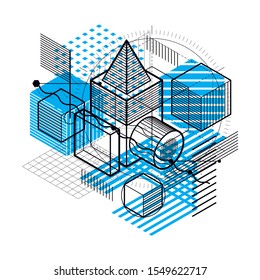 Abstract design with 3d linear mesh shapes and figures, vector isometric background. Cubes, hexagons, squares, rectangles and different abstract elements.
