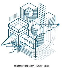 Abstract design with 3d linear mesh shapes and figures, vector isometric background. Cubes, hexagons, squares, rectangles and different abstract elements.