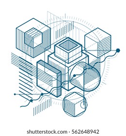 Abstract design with 3d linear mesh shapes and figures, vector isometric background. Cubes, hexagons, squares, rectangles and different abstract elements.