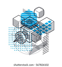 Abstract design with 3d linear mesh shapes and figures, vector isometric background. Cubes, hexagons, squares, rectangles and different abstract elements.