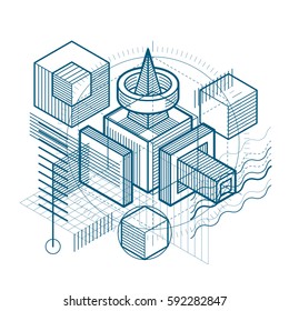 Abstract design with 3d linear mesh shapes and figures, vector isometric background. Cubes, hexagons, squares, rectangles and different abstract elements.