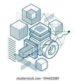Abstract design with 3d linear mesh shapes and figures, vector isometric background. Cubes, hexagons, squares, rectangles and different abstract elements.