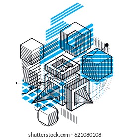 Abstract design with 3d linear mesh shapes and figures, vector isometric background. Cubes, hexagons, squares, rectangles and different abstract elements.