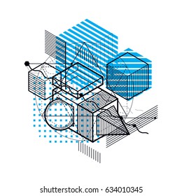 Abstract design with 3d linear mesh shapes and figures, vector isometric background. Cubes, hexagons, squares, rectangles and different abstract elements.