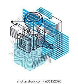 Abstract design with 3d linear mesh shapes and figures, vector isometric background. Cubes, hexagons, squares, rectangles and different abstract elements.