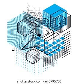 Abstract design with 3d linear mesh shapes and figures, vector isometric background. Cubes, hexagons, squares, rectangles and different abstract elements.