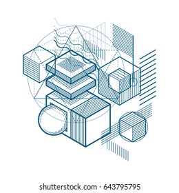 Abstract design with 3d linear mesh shapes and figures, vector isometric background. Cubes, hexagons, squares, rectangles and different abstract elements.