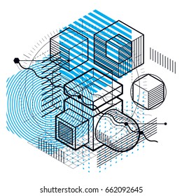 Abstract design with 3d linear mesh shapes and figures, vector isometric background. Cubes, hexagons, squares, rectangles and different abstract elements.