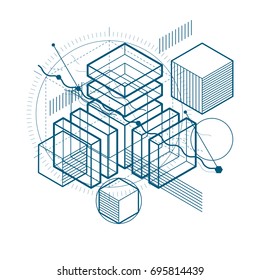 Abstract design with 3d linear mesh shapes and figures, vector isometric background. Cubes, hexagons, squares, rectangles and different abstract elements.
