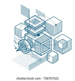 Abstract design with 3d linear mesh shapes and figures, vector isometric background. Cubes, hexagons, squares, rectangles and different abstract elements.