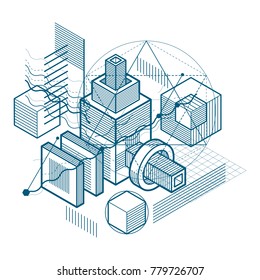 Abstract design with 3d linear mesh shapes and figures, vector isometric background. Cubes, hexagons, squares, rectangles and different abstract elements.