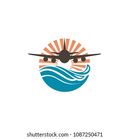 abstract design of airplane, sun and sea icon
