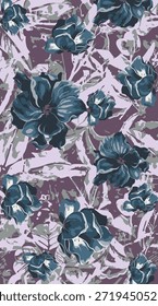 abstraktes Design, vollflächiges Blumenmuster mit Illustration in lila und marineblauen Farben, digitale Bilddruckerei oder Hintergrundbild.