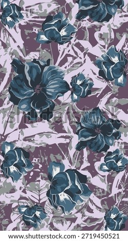 abstract design, all-over flower pattern with illustration in purple and navy color, digital image printing factory or background image.