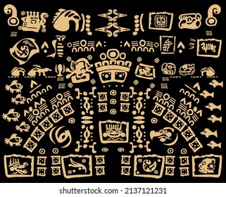 Abstract design with an ancient Mayan ornament. Images of characters of ancient American Indians.
The Aztecs, Mayans, Incas.Ancient signs of America on a black background.