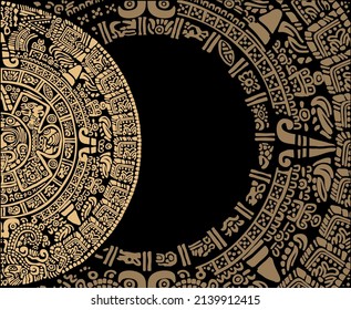 Abstract design with an ancient Mayan ornament. Mayan calendar. Images of characters of ancient American Indians.
The Aztecs, Mayans, Incas. Ancient signs of America on a black background. 
