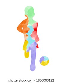 Abstract design art watercolor active child or people jump and run silhouette with colorful paint background. Design template logo for Kids sport football club training.Vector illustration.