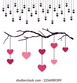 Abstract design background of a heart sign hanging on a tree branch, for valentine's day, greeting card, birthday, wedding card. Vector illustration.