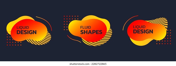 Abstract design background set with fluid or liquid shapes. Modern banner or badge template with dynamic, organic geometric elements. Color wavy lines graphic. Vector illustration.
