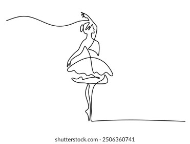 Abstract design of a ballet dancer in continuous line art style. Ballerina depicted with black lines isolated on a white background.