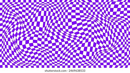 Diseño Abstractas para el Anuncio. Patrón ondulado a cuadros. Superficie de tablero de ajedrez con efecto deformado. Fondo gráfico geométrico distorsionado violeta y blanco. Patrón cuadrado de ajedrez irregular. Ilustración vectorial