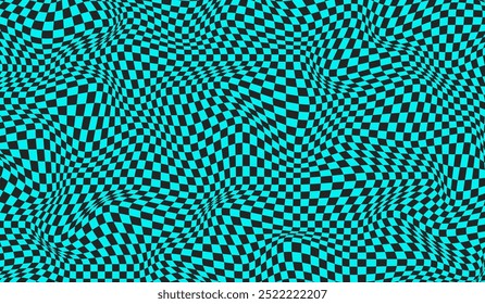 Abstract design for banner. Green and black distorted geometric pattern. Checkered wavy graphic background. Chessboard surface with warped effect. Awry chess square pattern. Vector illustration