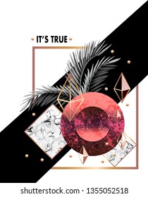 Abstract design banner or print with palm leaves and triangles. 