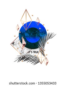 Abstract design banner or print with palm leaves and triangles. Vector.