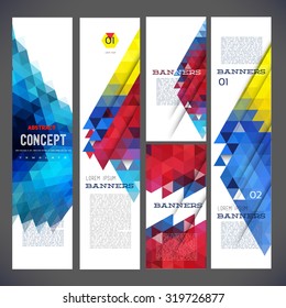 Abstract design banners vector template design, brochure, element, page, leaflet, with colorful geometric triangular backgrounds, logo and text separately. 
