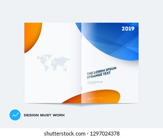 Abstract design bifold brochure in modern style, double-page modern catalog, flyer cover in A4 with colourful soft shapes for branding. Business vector spread cover.