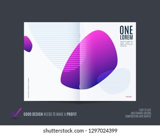 Abstract design bifold brochure in modern style, double-page modern catalog, flyer cover in A4 with colourful soft shapes for branding. Business vector spread cover.