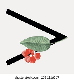 Abstract design with a black geometric shape and a red flower with green leaves. The flower and leaves intersect the bold black shape, creating a striking contrast. Vintage art illustration, vector.