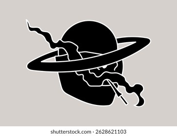 Abstract design of a black helmet with a ring and smoke-like elements. The helmet and ring create a futuristic and mysterious look. Bold black and white contrast. Hand drawn illustration vector.