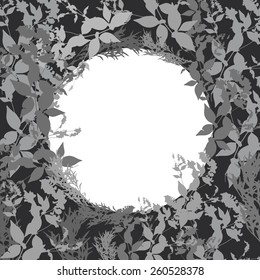 Abstract design with black leaf silhouette card for your text in circle. Vector