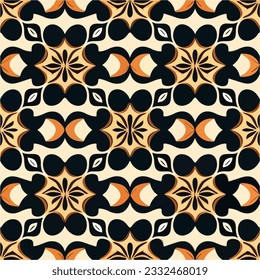 Abstract design in black and orange unfolds on a white backdrop, showcasing an art deco inspired pattern with a touch of art nouveau influence. It repeats beautifully for fabric creations.