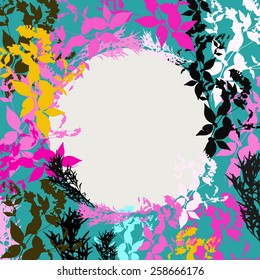 Abstract design with Black, Pink, Orange, Teal leaf silhouette card for your text in circle. Vector