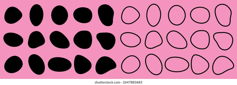 Abstract design with black shapes on pink. Black shapes vary in size and form. Pink background highlights the black shapes. Artistic and modern style. Black shape vector set.