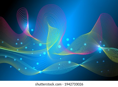 Abstraktes Design. Blauer Hintergrund mit fließenden farbigen Linien und leuchtenden Lichtern.