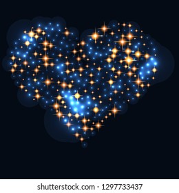 Abstract design - blue glitter particles in heart shape. Glowing sparkling particles on dark background. Vector illustration.