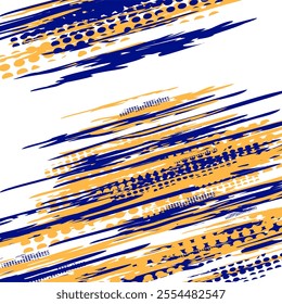 Abstract design with blue and orange brush strokes.