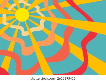 Abstract design with bold, wavy lines radiating from a central yellow circle, resembling the sun. The style is reminiscent of 1970s psychedelic art, characterized by dynamic movement and vivid colors.
