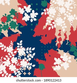 Abstract design with brush strokes and plants. Fashion print for a scarf, headscarf, hijab.