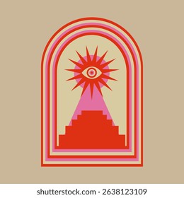 Abstract design with a central eye, radiating star, and geometric shapes. Bold red and pink colors create a striking visual. Eye and star motif stands out. Retro graphic vector.