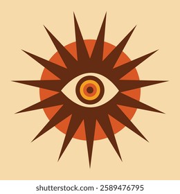 Abstract design with a central eye surrounded by spiky rays. The eye is a focal point, emphasizing a geometric, symmetrical pattern. Bold colors enhance the eye motif. Star element vector.