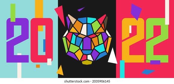 Abstract design for chinese new year 2022. Concept background with tiger head for banner, card, poster in colorful geometric pop art style. Creative holiday vector illustration.