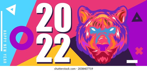 Abstract design for chinese new year 2022. Concept background with tiger head for banner, card, poster in colorful geometric pop art style. Creative holiday vector illustration.