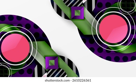 Abstract design. Circles, squares, lines create dynamic composition. Purple, green, pink colors dominate. Modern, geometric aesthetic. Clean, bright, bold.